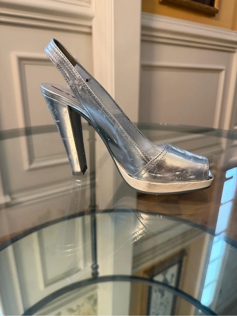 Prada Metallic Silver Slingback Platform High Heels RESTORATION PROJECT